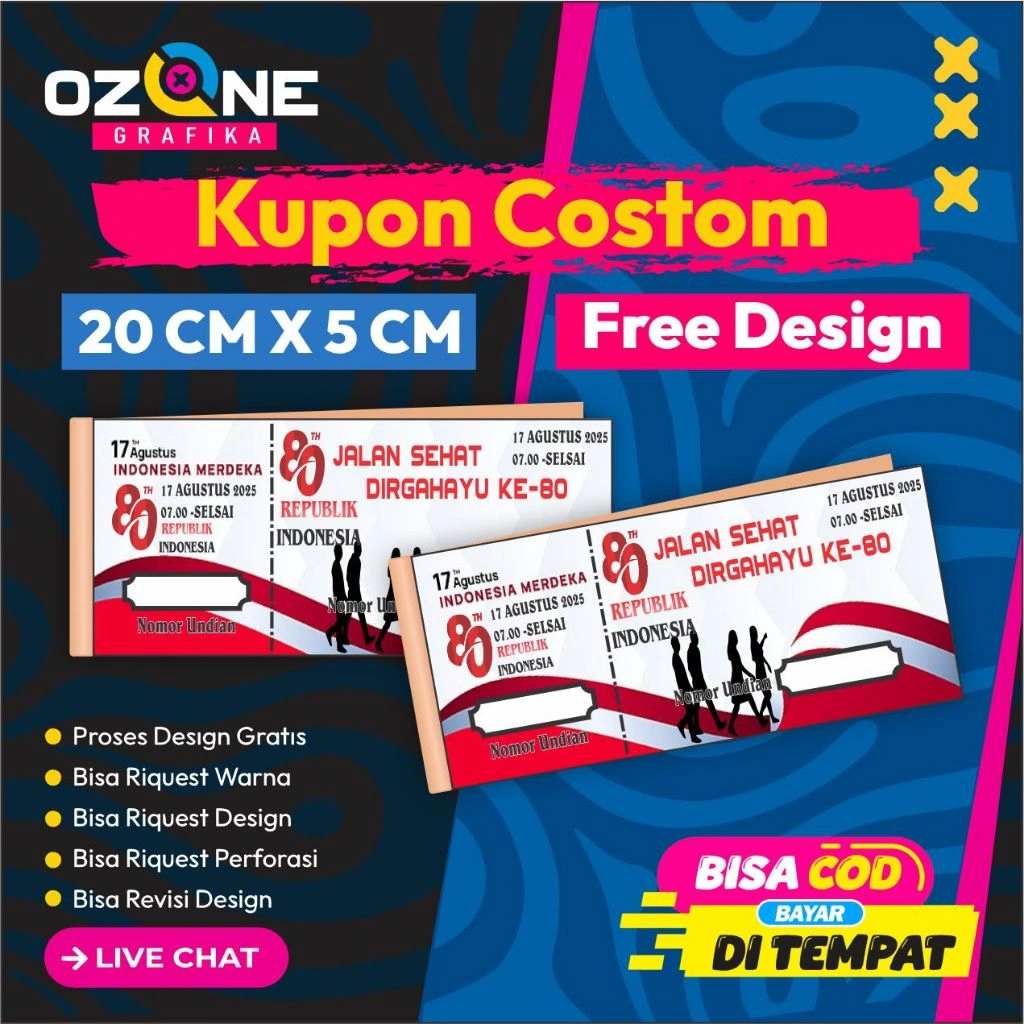 PROMO Cetak Kupon Murah isi 50Free Design 17 Agustus Bebas Nama Sendiri Full Warna ukuran15 x 6 cm