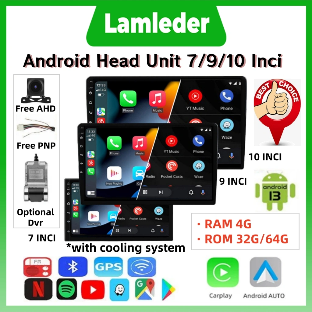 【4GB+32GB】Lamleder Head Unit Android 7/9/10 Inch Android 13 WiFi GPS IPS Screen Car Android Player Navigation 4 Core Car Multimedia MP5 Player Free HD Reverse Camera