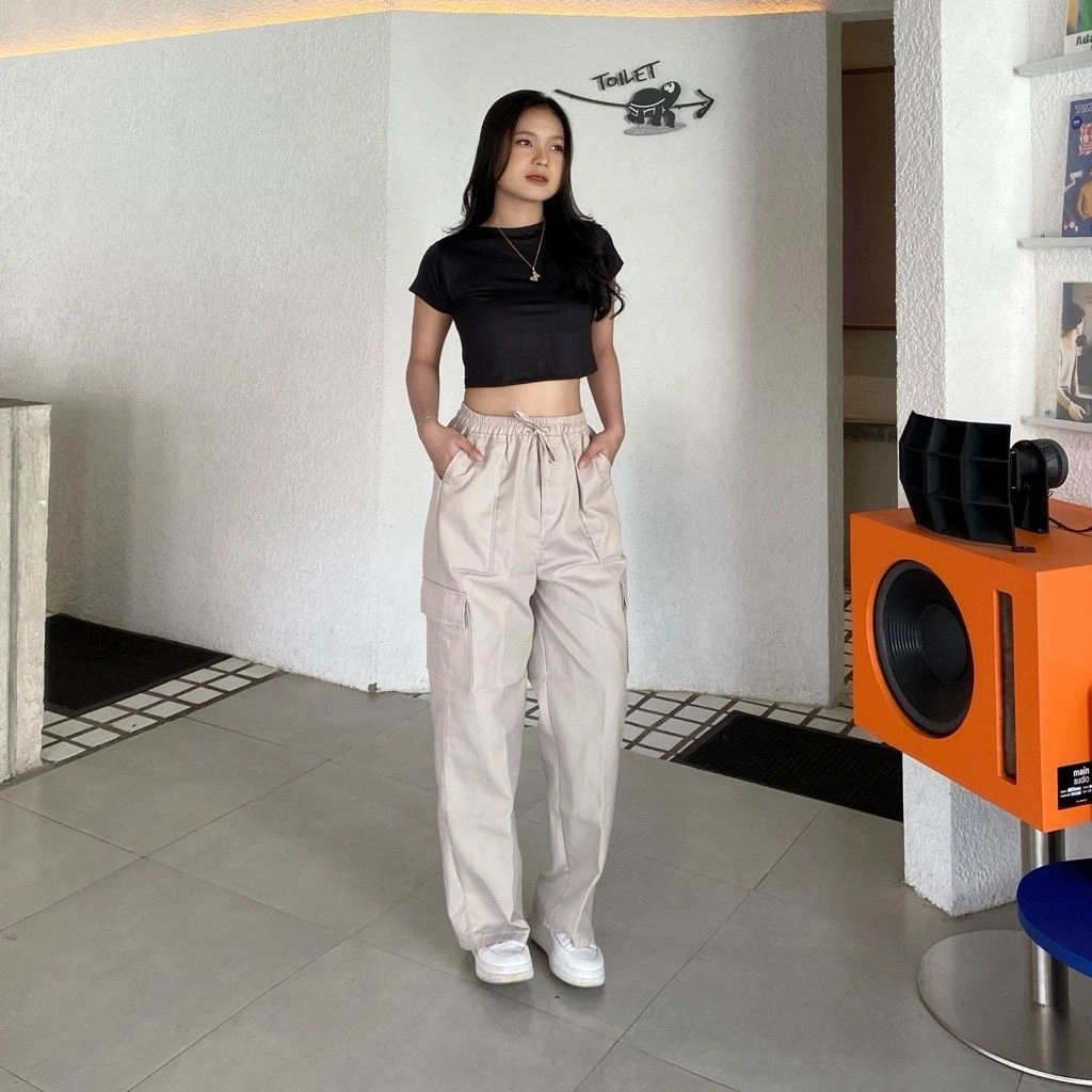 Hanami Celana Cargo Wanita/Karet Pinggang/Korean style