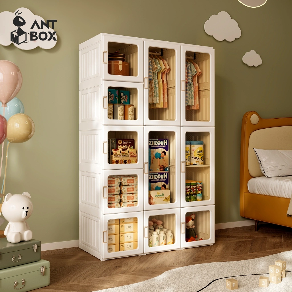 ANTBOX Lemari Anak 6–15 Box Lemari Baju Estetik Pintu Putih Transparan Muat Banyak Multifungsi Kokoh