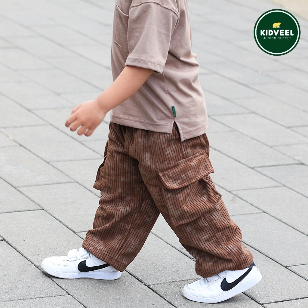 KIDVEEL Celana Cargo Panjang Anak Laki Laki Dan Perempuan Unisex Corduroy Printing Milan Baggy