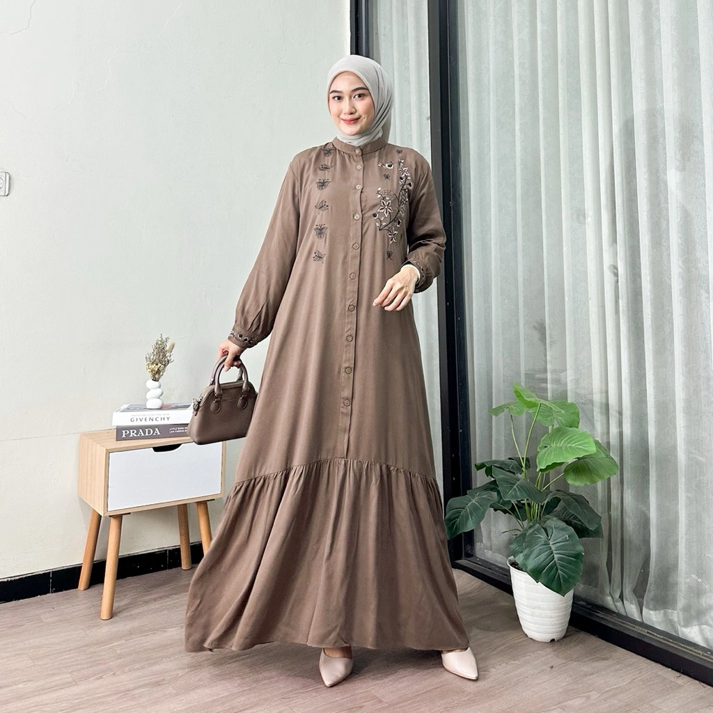 Moza Maxi Dress Muslim Wanita Bordir Gamis Rayon Premium Busui Full Kancing