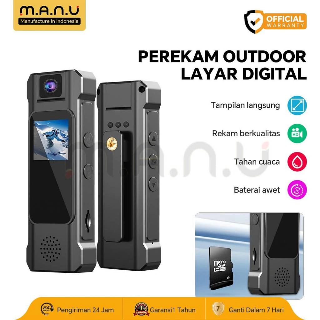 MANU Mini Kamera CCTV HD 2K Lensa Putar 180° Rekam Video Jernih Mini Camcorder dengan Layar HD Support Loop Recording, OTG Langsung, Anti Goyang Untuk Motor, Sepeda Perekam Konferensi Video