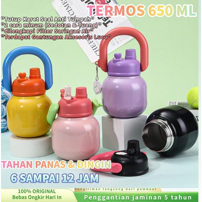(COD/Gratis Ongkir) Vacuum Thermos 650ml Anti Tumpah Tahan Panas dan Dingin Cangkir termos stainless steel 316 bernilai tinggi untuk anak perempuan, cangkir sedotan portabel yang lucu, ketel portabel berkapasitas besar