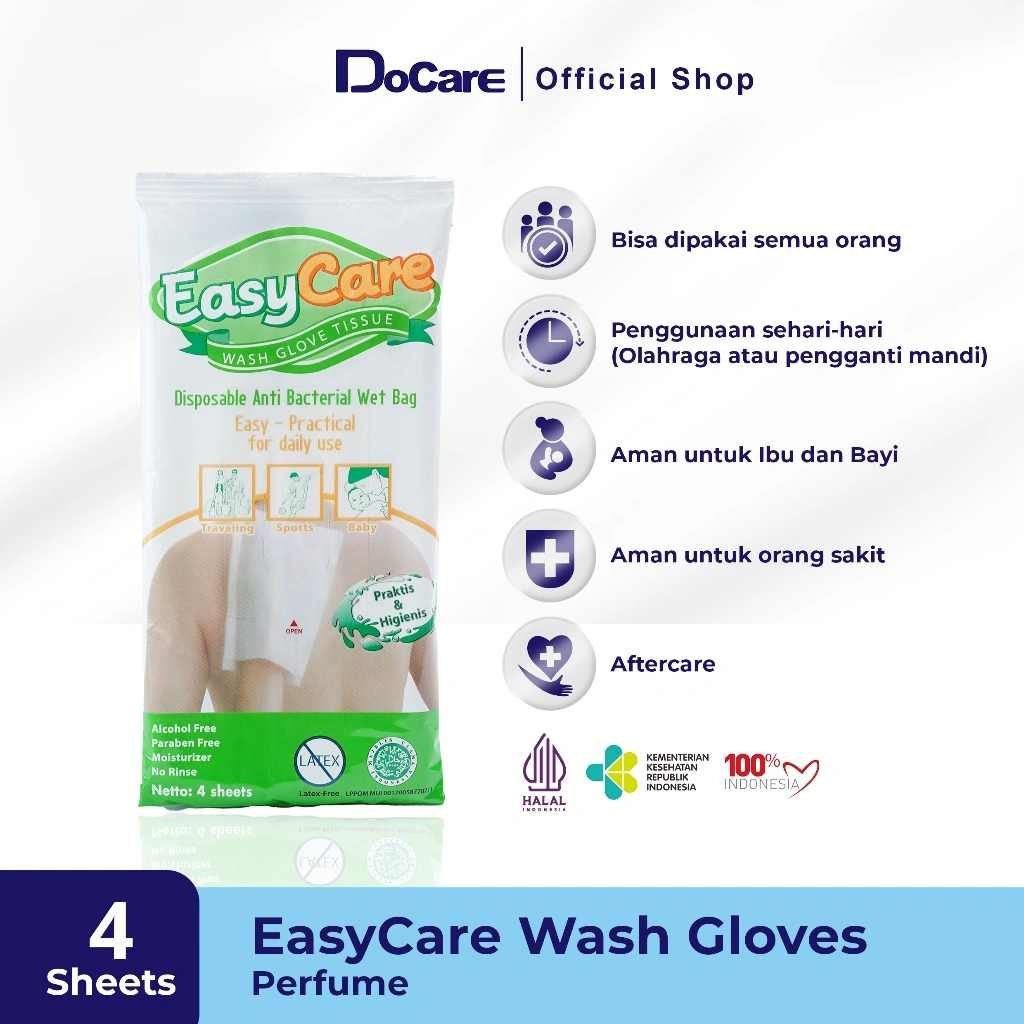 EasyCare Wash Gloves 4 Sheets Perfume / Washlap Non Alcohol / Tissue Basah Antiseptik & Bakteri / Tissue Mandi Sekali pakai