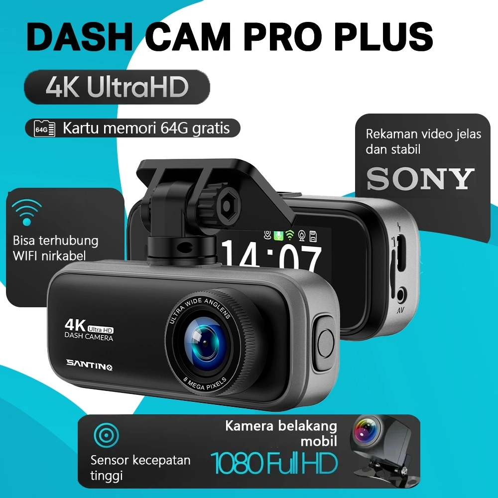 SANTINO Dash Cam Pro Plus V22 Set 4K GPS (Front +Rear Camera) Dashcam Mobil Perekaman Loop 24 Jam Berisi kartu Memori 64GB