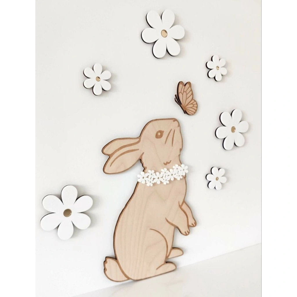 Dekorasi Dinding Kamar Anak Rabbit dan Flower Cute Aesthetic Plywood Dan Akrilik