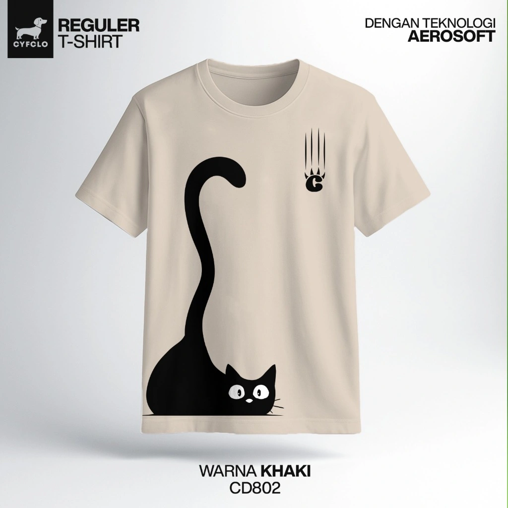 Cyfclo Kaos T-Shirt CD802 Cat Tail Lucu Baju Sablon Pria Wanita Lengan Pendek