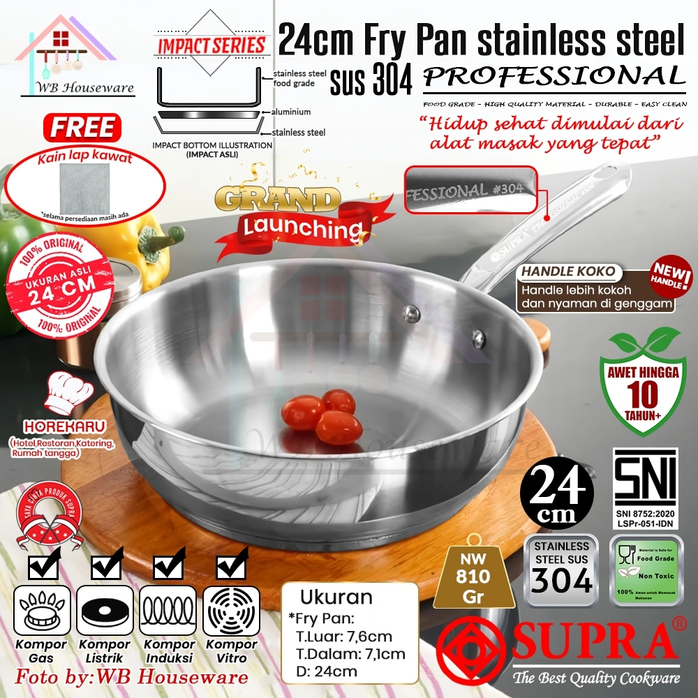 SUPRA New Panci fry pan 24cm stainless SUS 304 professional series / semi stir wok / wajan penggorengan handle koko