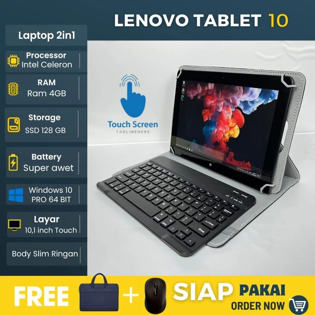 Laptop Lenovo Tablet 10 Intel Celeron Ram 4GB SSD 128GB OS Windows - siap pakai