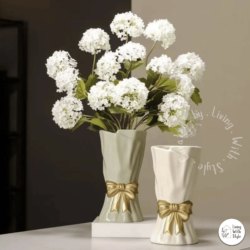 Living With Style - Posy Wrapped Bouquet Gold Ribbon Flower Vase / Vas Bunga Keramik Model Pita Cantik Aesthetic / Ceramic Vase Mewah Unik