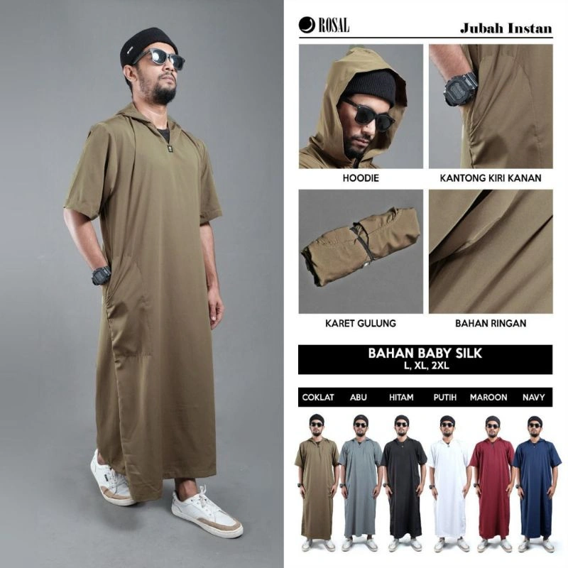 Jubah Instan Hoodie ROSAL Pria Dewasa Lengan Pendek Ukuran M L XL 2XL 3XL