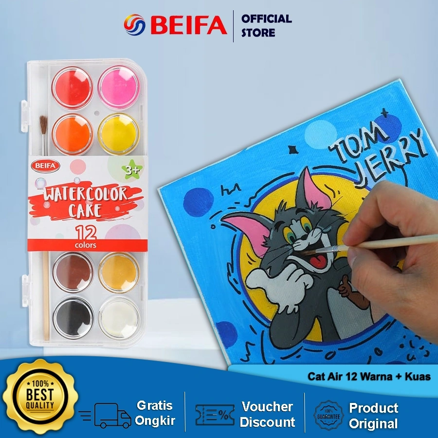Beifa Cat Air Padat DD107 – Watercolor 12 Warna + Kuas, Warna Cerah & Mudah Dipakai