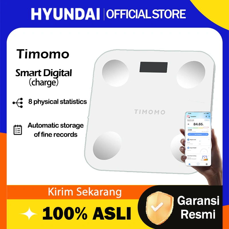 Hyundai X Timomo Smart Digital Body Scale Timbangan Badan Digital Pengukur Kadar Lemak BMI Otot Smart Body Fat Scale USB Charging Kaca Anti Pecah