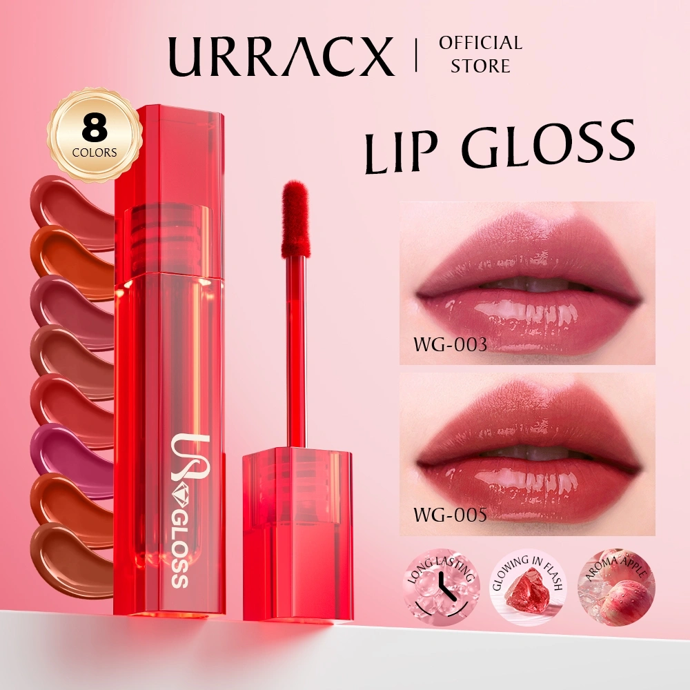 URRACX Water Mirror Lip Gloss 8 Warna Moisturizing & Nourishing & Ringan Liquid Lip Glaze Lip Care Plumper Lipstick Tahan Lama Transferproof LipTint Girls Make Up