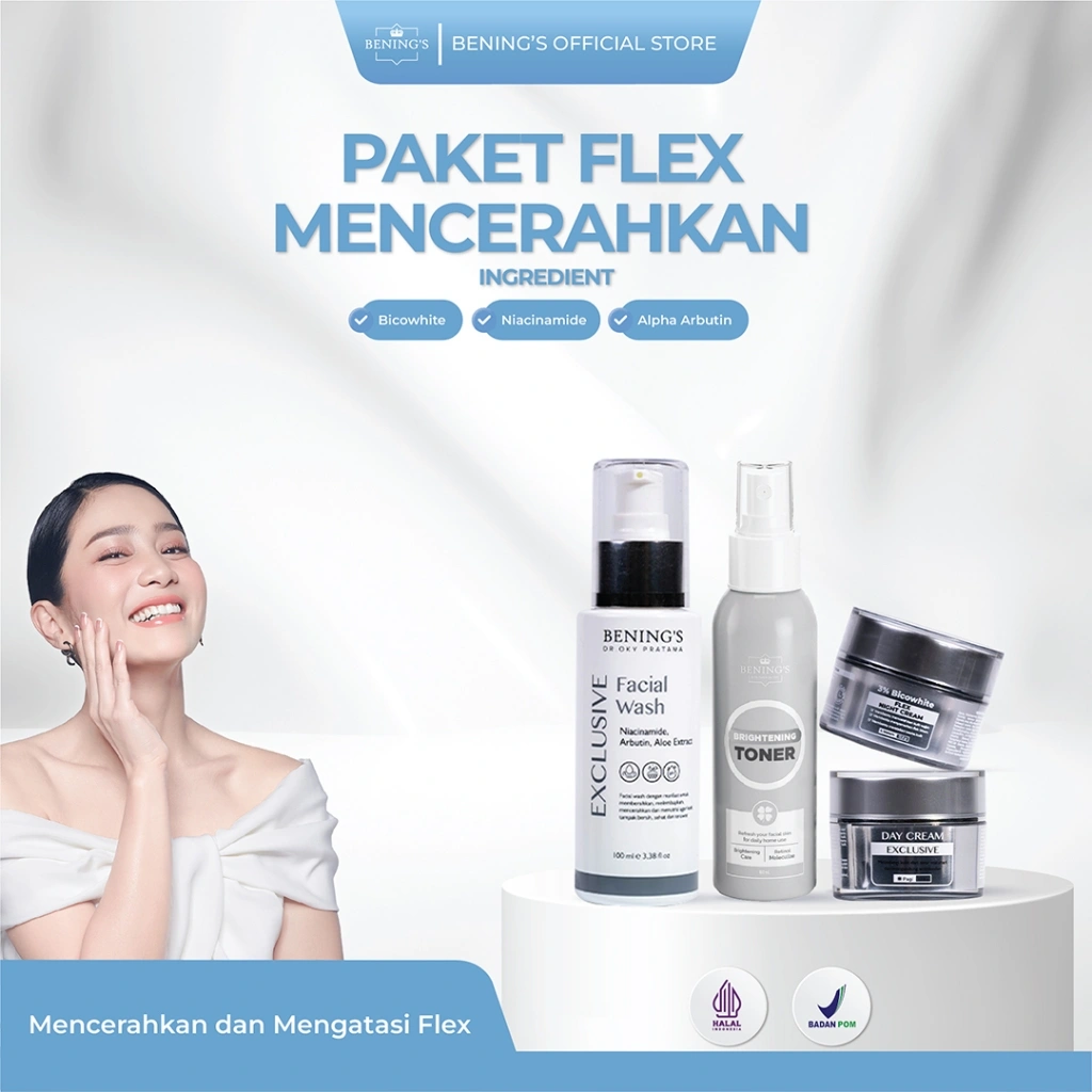 BENING'S Clinic Indonesia By Dr Oky Pratama - Paket Flex Skincare - Cream Siang Cream malam - Sabun Muka Face Wash - Toner Wajah - Bicowhite  - Menyamarkan Flek Kerutan Mencerahkan - Pria Wanita Bumil Busui