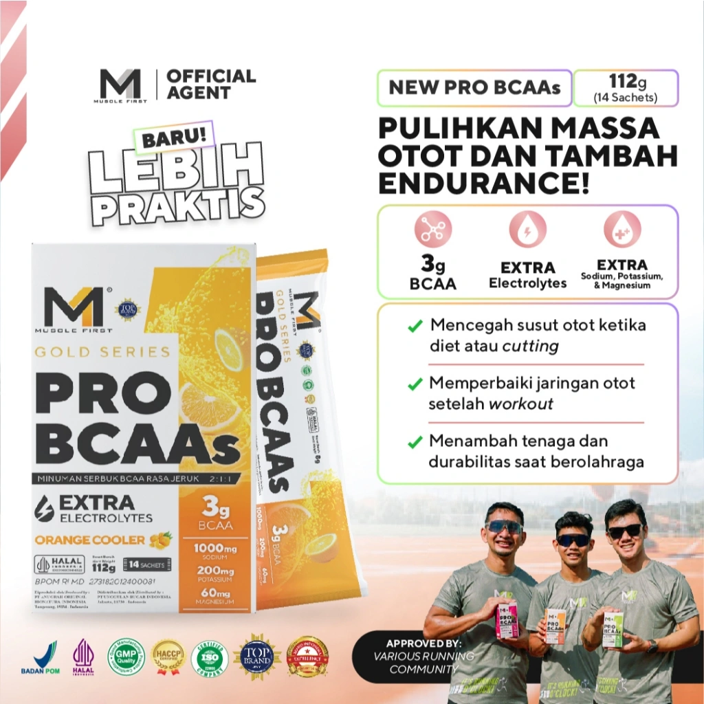 MUSCLE FIRST Pro BCAA 14 Sachets - Minuman Electrolytes Perbaikan Otot dan Hidrasi Untuk Lari Sepeda Aerobic Endurance