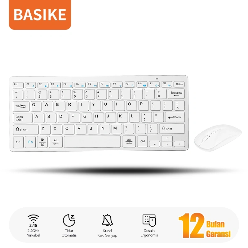 (HOT)BASIKE Keyboard Mouse Wireless 2.4Ghz Silent for Laptop iPad Komputer mechanical Mini Portable