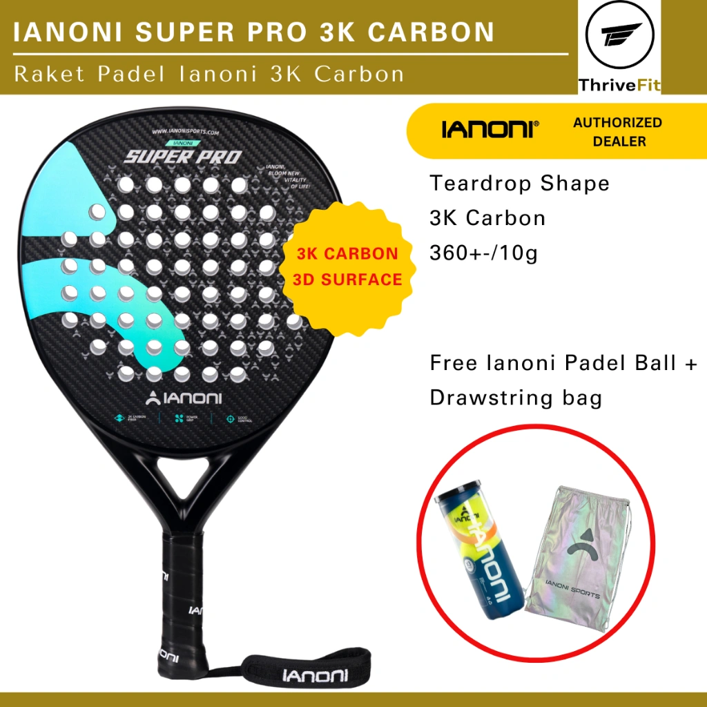 IANONI Super Pro 3K Carbon 3D Surface Padel Racket / Raket Padel 3K Carbon 3D Surface