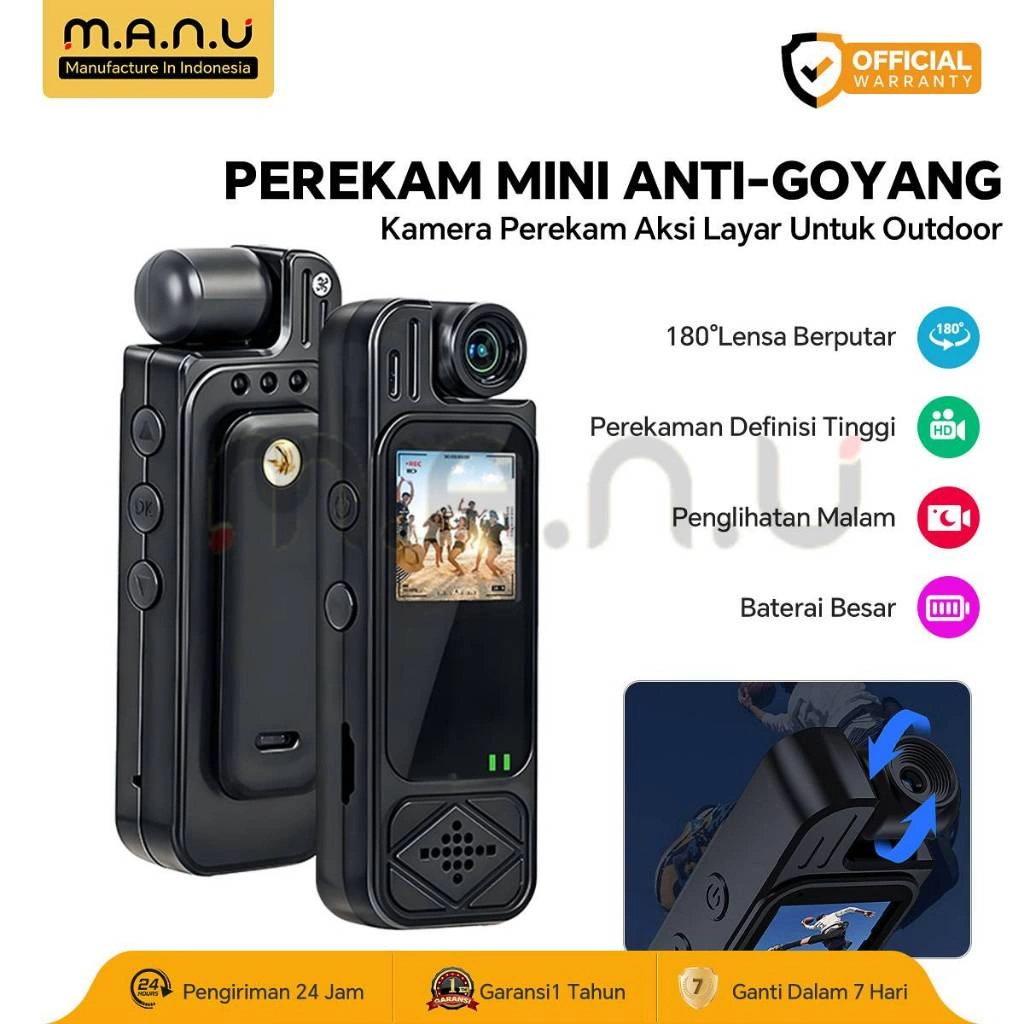 Manu Mini Kamera HD 1080P Camcorder Layar 1.3" Dapat Diputar 180° Portabel Clip-On Perekam Video Digital Recorder Infrared Night Vision Kecil Motion Detection Body Cam