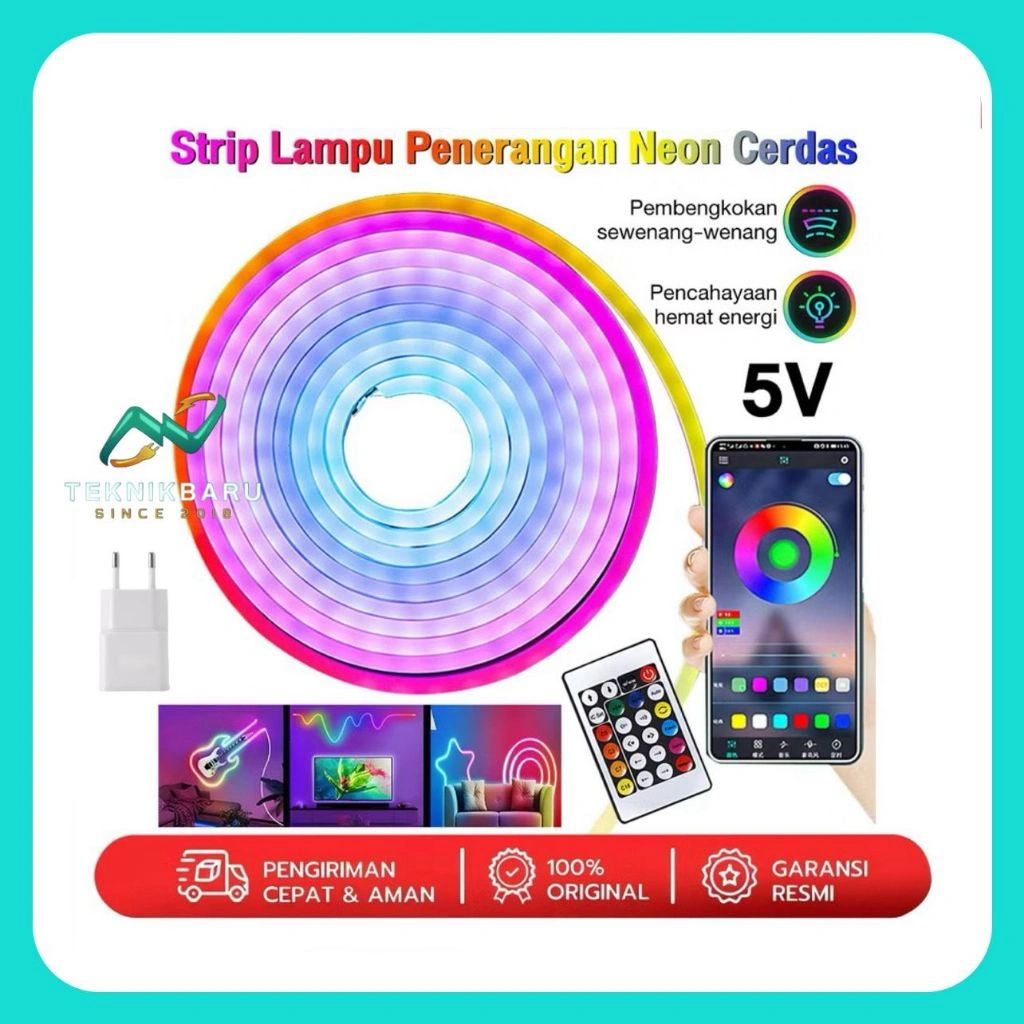 Lampu Neon Flex RGB Running 5M 5V + Adaptor Strip LED Dekorasi Smart App Remote Bluetooth Aesthetic
