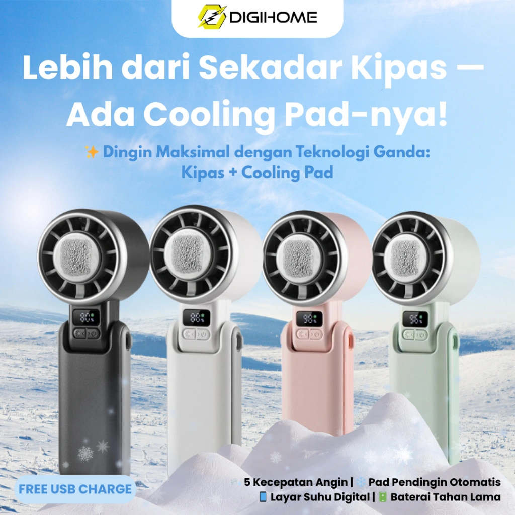 DIGIHOME DGHF-14 Kipas Tangan Lipat 180 Derajat Pendingin Wajah dan Tubuh KIPAS GENGGAM LIPAT 180 DERAJAT ES SUHU DIGITAL Smart Handheld Fan With Cooling Pad 5 Gear PENDINGIN CANGGIH UNTUK SEHARI-HARI DAN SKINCARE