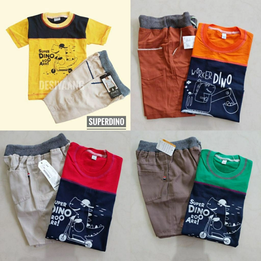 Setelan Anak  Laki Laki size M 5-6 tahun dan Celana Pendek Chinos Kaos Motif Super Dino Alat Berat