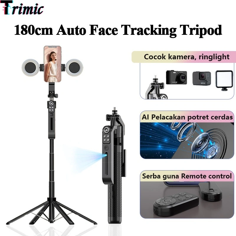 Trimic 180cm Pelacakan Wajah Otomatis Tongsis Selfie Stick Auto Face Tracking Empat Kaki Tripod 10 Tombol Bluetooth Remote Control Tripod Handphone Gimbal Stabilizer Tripod 360° Stand 4-leg Tongsis Dengan Lampu LED Ganda