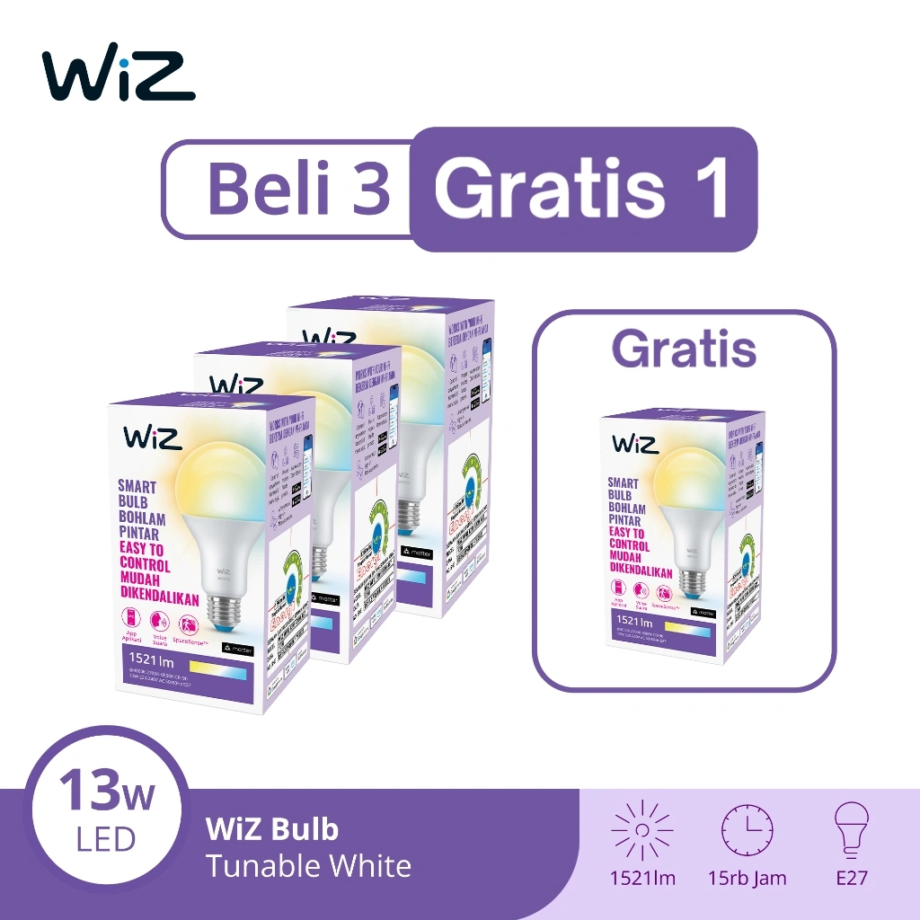 WiZ Paket Lampu Smart LED 13W WiFi Smart Bulb TW Beli 3 Gratis 1 - Lampu Tidur Anak