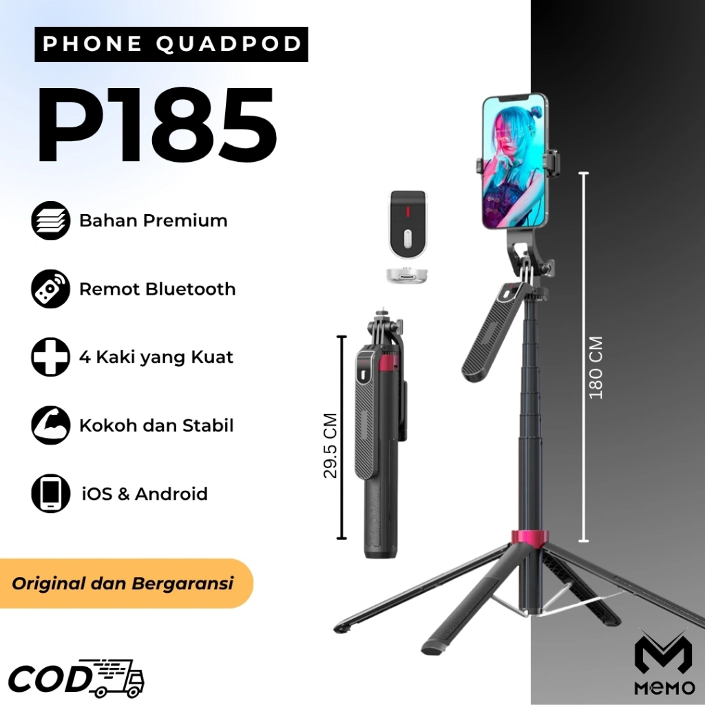 P185 Tripod / Quadpod Tongsis Bluetooth Selfie Stick Remote HP 360 1.8m Stabilizer