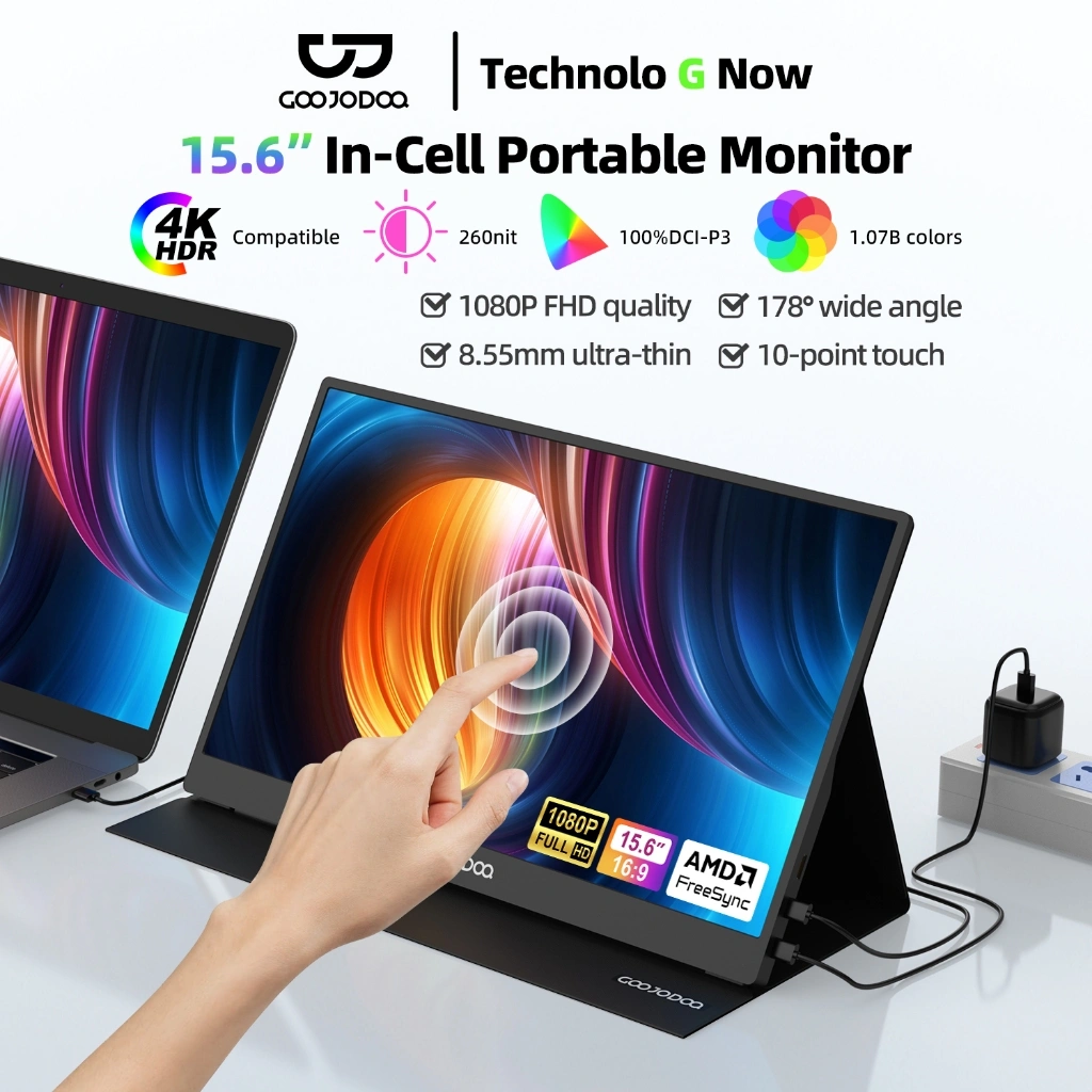 Goojodoq Portable Monitor Touchable 15.6'' 1920*1080P 4K with IPS Full HD Display Dual Stereo Speakers Wide Viewing Angle