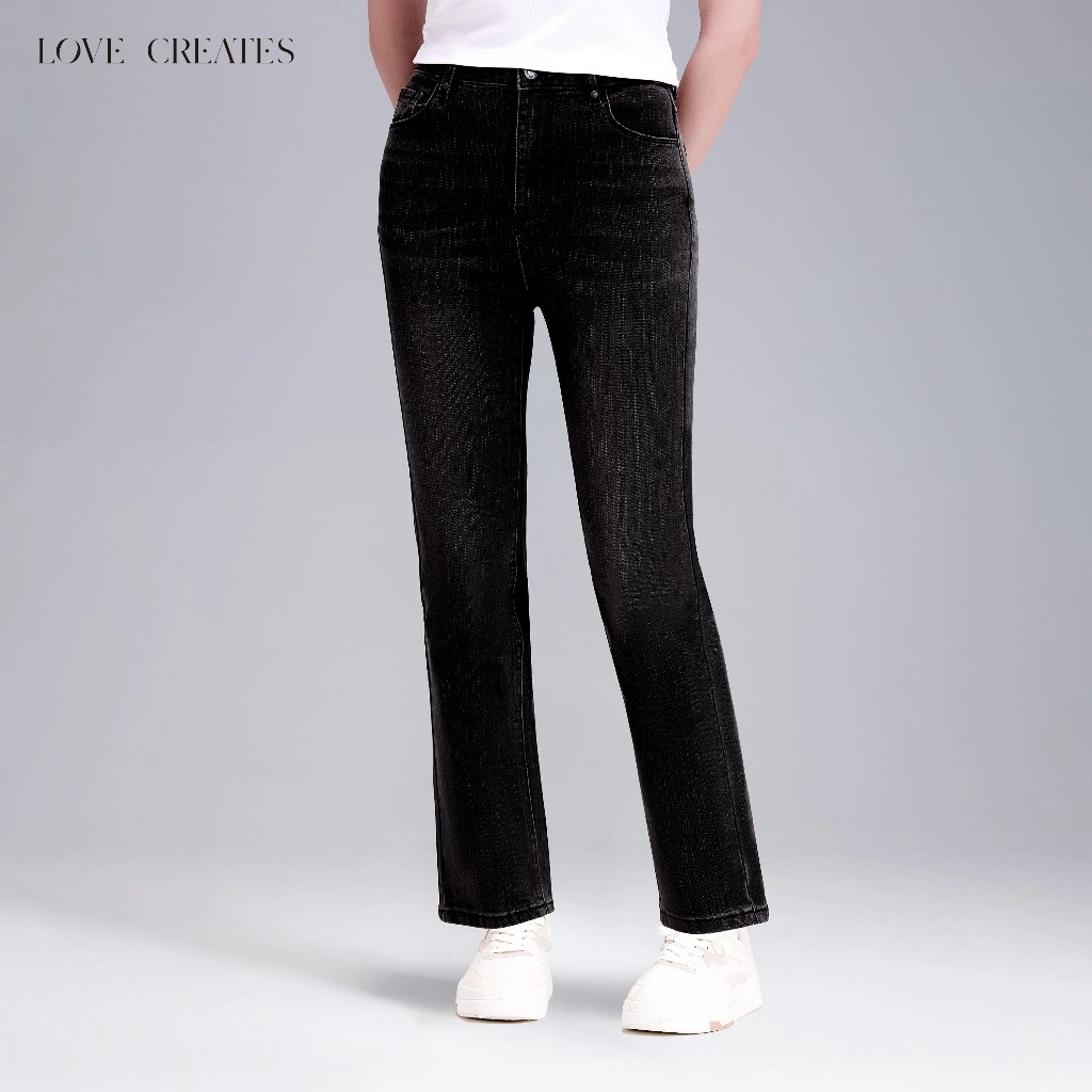 Love Creates Celana Jeans Wanita Celana Jeans Hitam Jeans Lurus Pinggang Tinggi (NZK08)