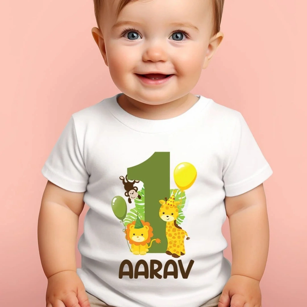 Herlin Collection_Kaos Couple Keluarga Birthday Boy Girl ANIMALS ZOO ANGKA Jerapah Singa Monyet Monkey Giraffe Lion Balon Hijau Laki Perempuan CUSTOM Number Nama Name