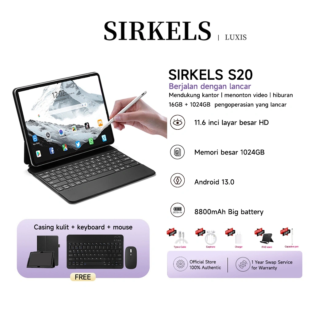 [Free Keyboard + Mouse + Case]SIRKELS Tablet S20 16GB + 1024GB 5G Dual SIM Wifi | Layar besar 11.6 inci