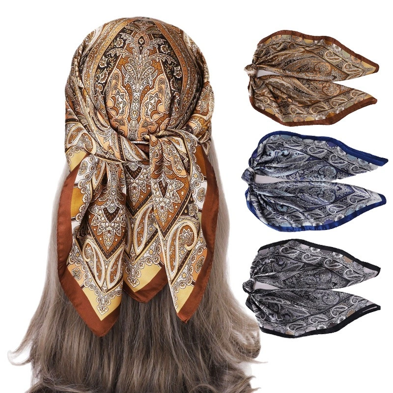 Scarf Vintage Printed Motif Mete Paisley 70x70cm Silk Scarf Jilbab Segiempat Tipis Bohemia Eksotis Sun Screen Syal Leher Wanita Mewah Selendang Satin