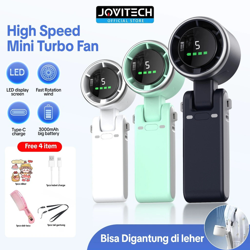 Jocitech FN53 Mini Fan Portable High-Speed 5 Gear Foldable LED Digital Display Turbo Fan Kipas Ac mini portable Kipas Angin Portable Dapat Dilipat
