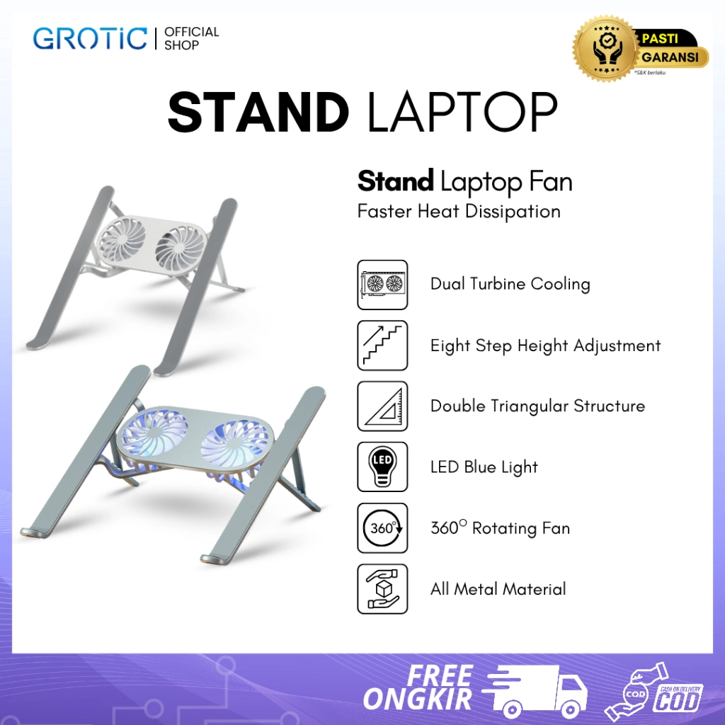 (Beli Satu Gratis Satu) GROTIC Cooling Pad Stand Laptop Aluminum Adjustable Double Fan