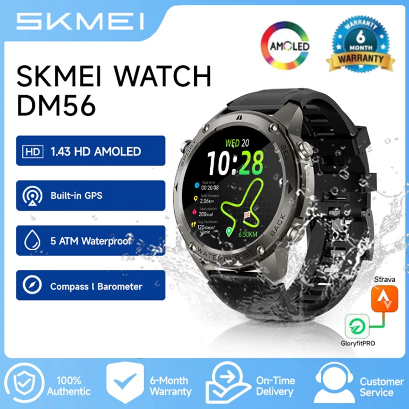 skmei GPS smartwatch DM56 5 ATM Waterproof cowok AMOLED Layar Bluetooth Call Blood Oxygen Sleep jam tangan pria smartwatch anti air