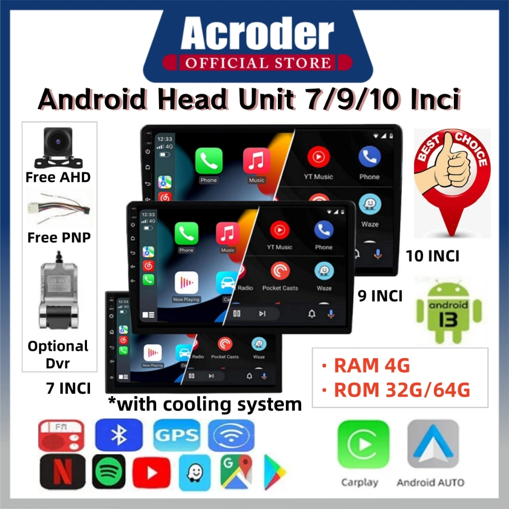 Acroder Head Unit Android 8G+128G IPS Screen 7/9/10 Inch Navigasi Double Din WiFi GPS FM Bluetooth Split screen Steering wheel control Android 13 Mirror Link