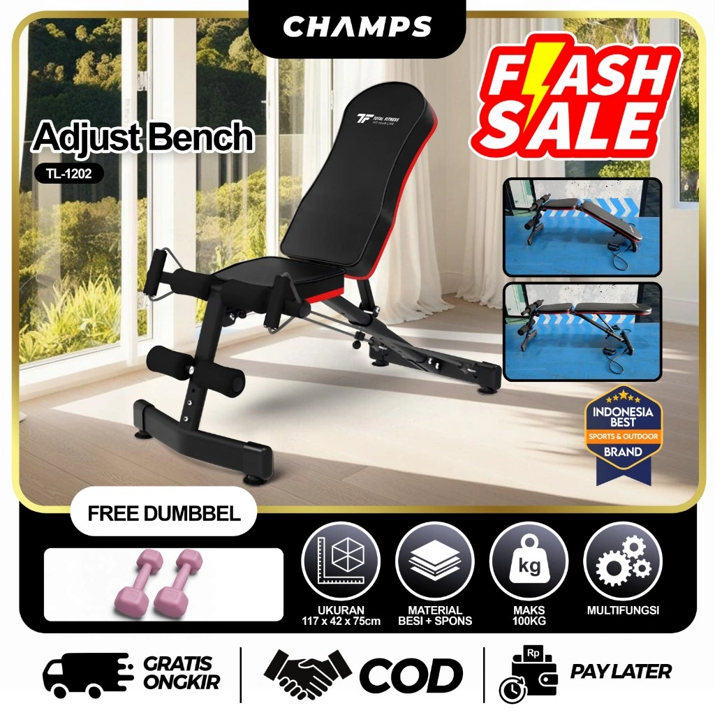 CHAMPS Adjustable Sit Up Bench | Papan Sit Up Lipat Gym Bench Press Alat Olahraga Fitness Rumah TL-1202