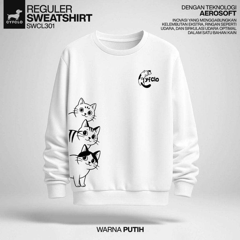CYFCLO Sweater Jaket Tebal  Sablon DTF Dengan Aerosoft Tech Motif Lucu, Crewneck Lembut Menghangatkan | SWCL301-Peek Cat