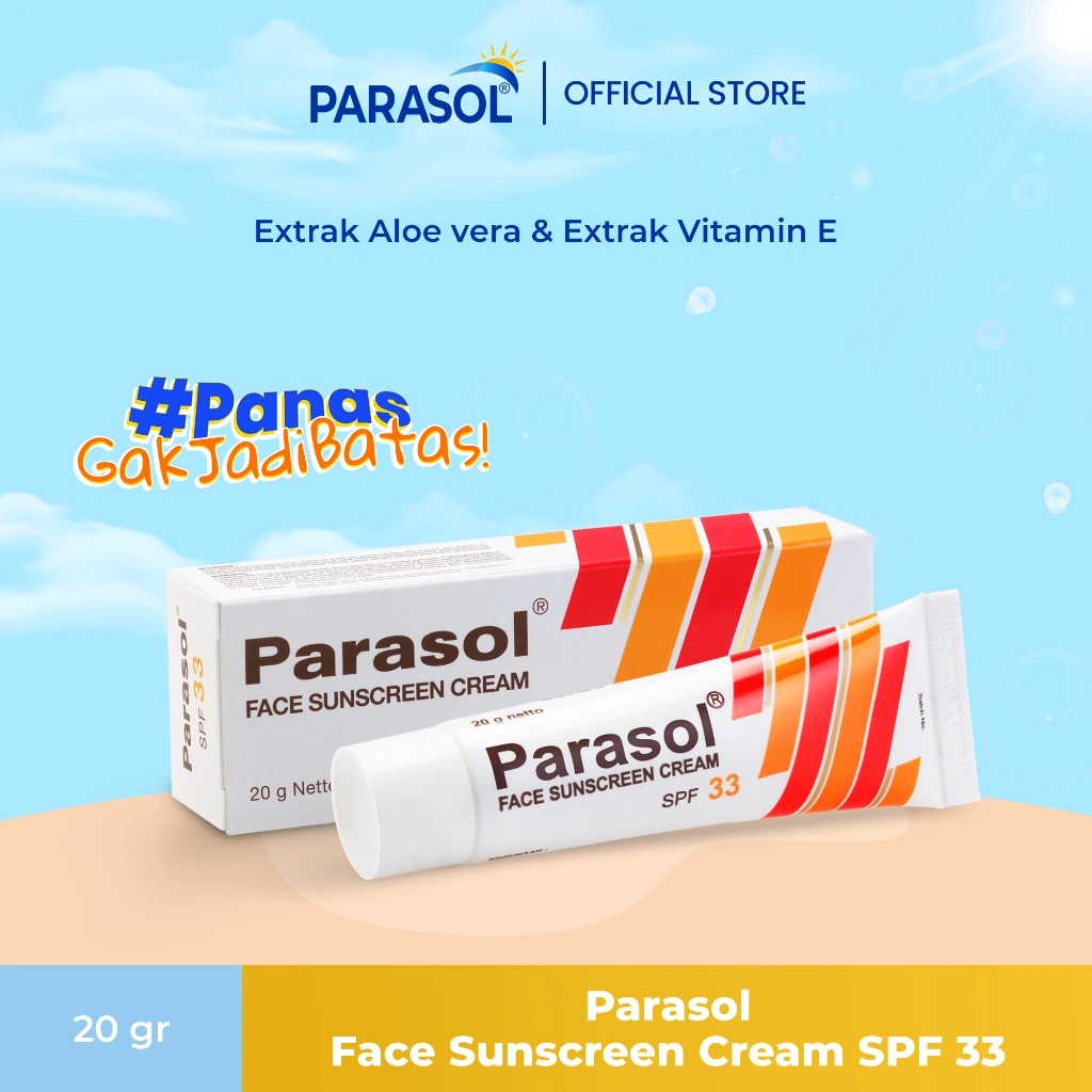 Parasol Cream Sunscreen wajah SPF 33 20 gr [ Sunblock Parasol Water Resistant Tabir Surya Perawatan Muka dan Badan Tidak Lengket  Sunscreen Moisturizing Melembabkan Facial Mengandung Aloe Vera dan Vitamin C ]
