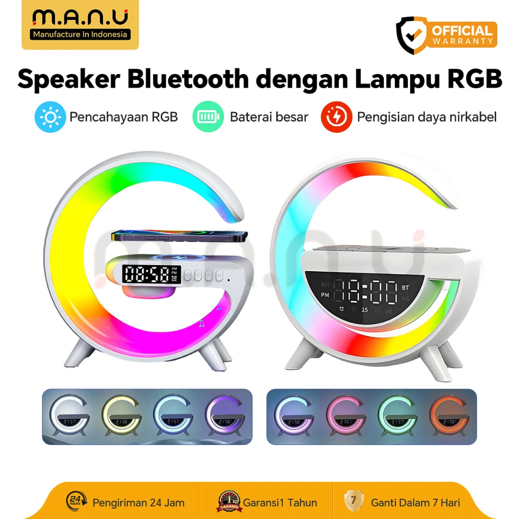 MANU Speaker Bluetooth Portabel dengan Pengisian Nirkabel, Alarm Digital, Lampu RGB Multifungsi Speaker Suara Jernih Mengdukuang Kartu TF
