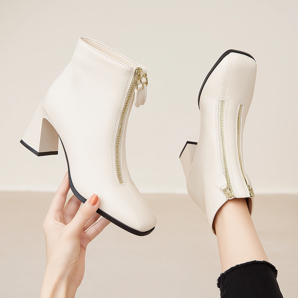 Ankle Boots Heels Koma Leather Glossy Double Zipper Korean Designed Wanita Kerja B37