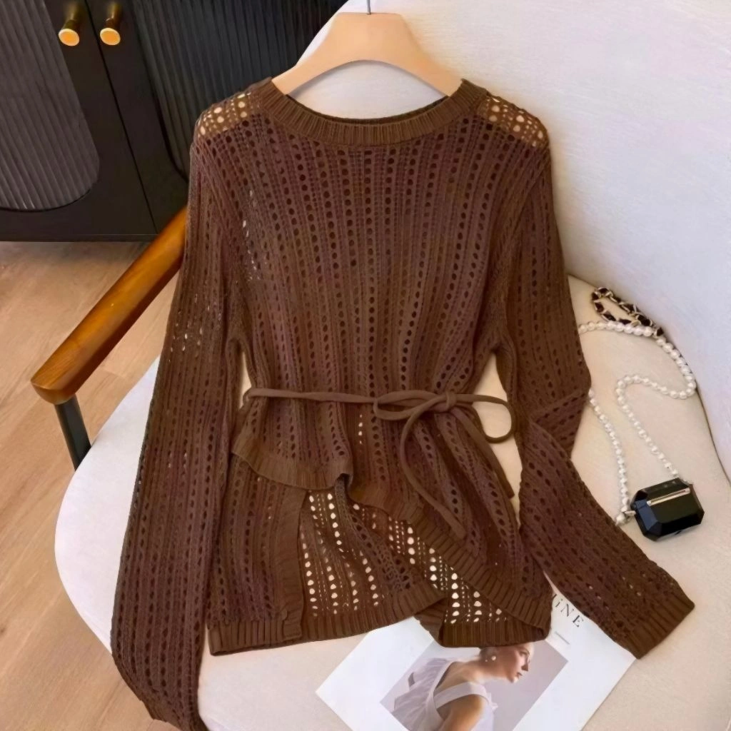 Sweater Knitwear Rajut JARING TALI BERONGGA Blouse Baju Atasan Sweater Knitte Acrylic Wanita Kekinian - Atasan Sweater Rajut Wanita Korean Style Terbaru - Blouse Atasan Sweater Cardigan Jaring Rajut Premium Wanita Oversize Korean