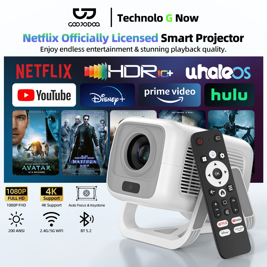 GOOJODOQ AC1066 2.4G + 5G Dual-Band WiFi & Bluetooth 5.2 Projector Easy Streaming HD Proyektor Android 13 200 ANSI Smart Projector