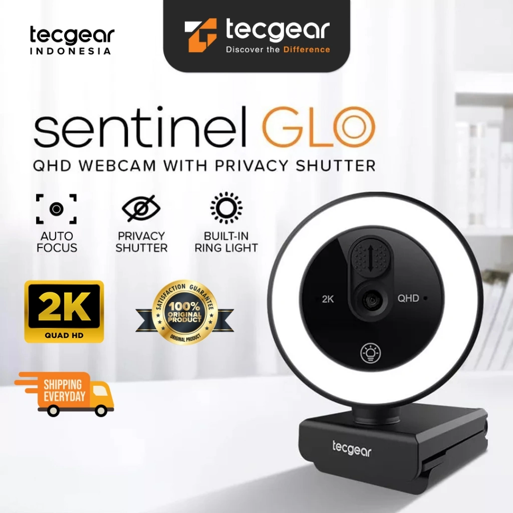 Sentinel Glo, 2K Webcam with Ring Light, Built-in Privacy Shutter, Auto Focus QHD Resolution Privacy Lens Cover, Built-in Microphone