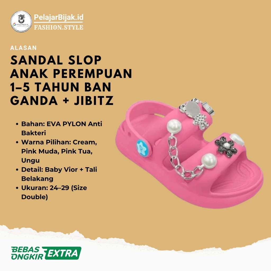 Sandal Slop Anak Perempuan 1–5 Tahun Ban Ganda + Jibitz Empuk & Ringan