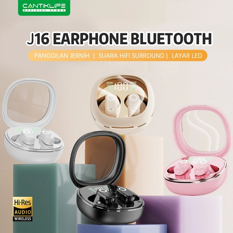 Cantiklife Earphone Bluetooth TWS J16 Versi 54 Suara HiFi Bass Kuat Panggilan Jernih dengan Noise Cancelling LED Display Baterai Desain Nyaman Ringan Port Type C Cocok untuk Semua Perangkat