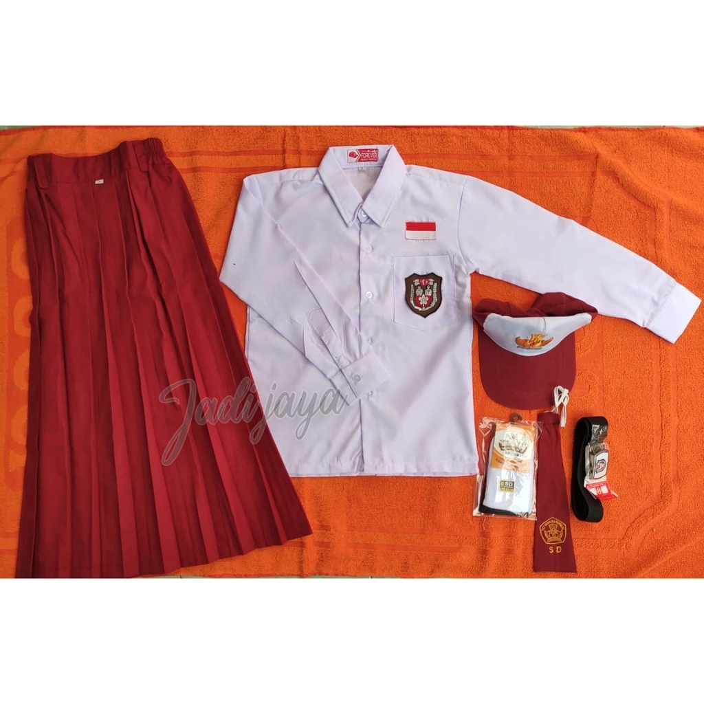 PAKET LENGKAP SERAGAM SEKOLAH  MERAH PUTIH PEREMPUAN BAJU PANJANG ROK PANJANG